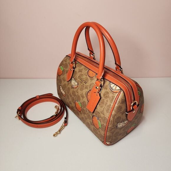 Coach Rowan Satchel Bag In Signature Canvas With Orange Print CAQ61 - Picture 2 of 8